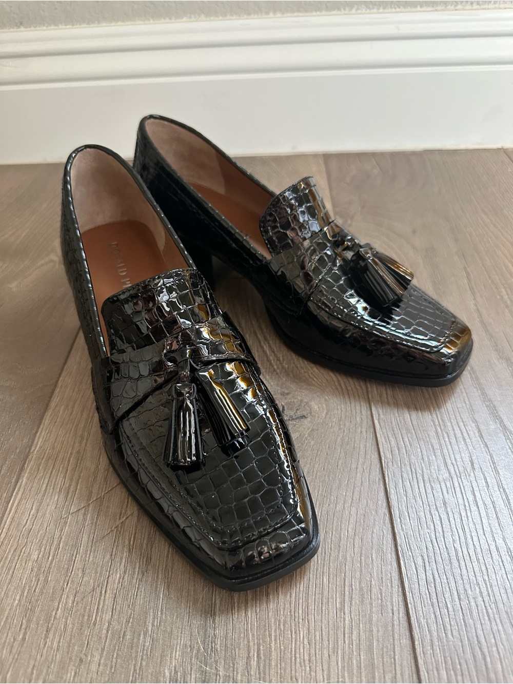 Donald Pliner Black Patent Leather with Tassels, 1 3/4" Heeled Loafers - Picture 1 of 9
